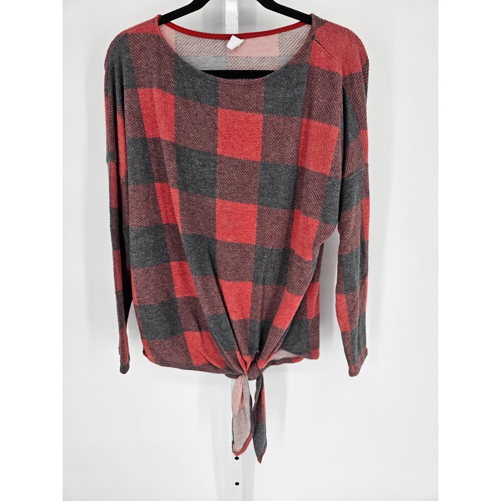 Cy Fashion Women's Red Black Buffalo Plaid Dolman Sleeve Front Tie Knot Top XL